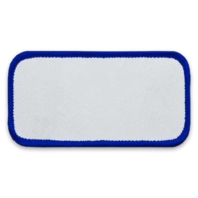 Pack of 25 - 3.625" x 1.625" - Blank Rectangle Patch - White Fabric with Merrow RRR Royal Border - Industrial Backing