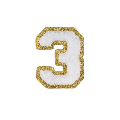 2.5" - Chenille Letterman "3" Patch - White Chenille Thread/Gold Glitter Felt - Heat Applied Backing