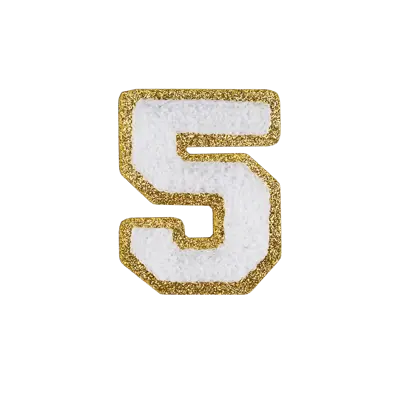 2.5" - Chenille Letterman "5" Patch - White Chenille Thread/Gold Glitter Felt - Heat Applied Backing