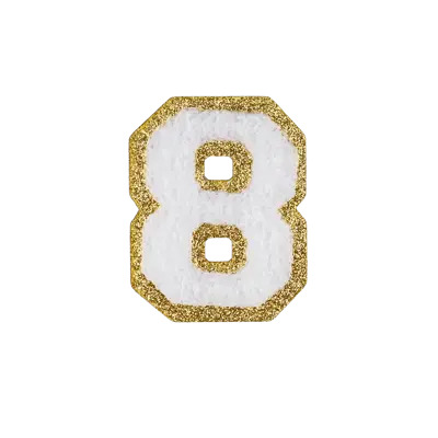 2.5" - Chenille Letterman "8" Patch - White Chenille Thread/Gold Glitter Felt - Heat Applied Backing