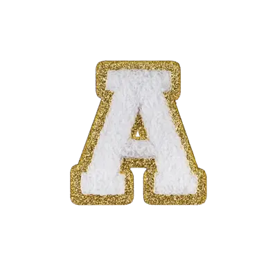 2.5" - Chenille Letterman "A" Patch - White Chenille Thread/Gold Glitter Felt - Peel & Stick Backing