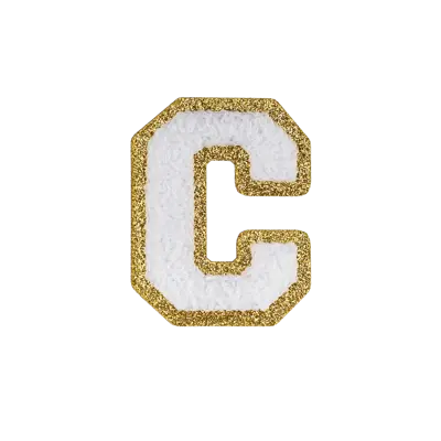 2.5" - Chenille Letterman "C" Patch - White Chenille Thread/Gold Glitter Felt - Peel & Stick Backing