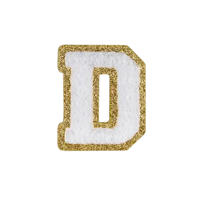 2.5" - Chenille Letterman "D" Patch - White Chenille Thread/Gold Glitter Felt - Heat Applied Backing