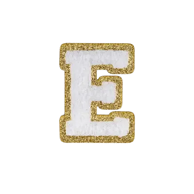 2.5" - Chenille Letterman "E" Patch - White Chenille Thread/Gold Glitter Felt - Heat Applied Backing