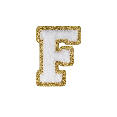 2.5" - Chenille Letterman "F" Patch - White Chenille Thread/Gold Glitter Felt - Heat Applied Backing