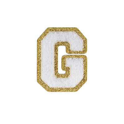 2.5" - Chenille Letterman "G" Patch - White Chenille Thread/Gold Glitter Felt - Heat Applied Backing