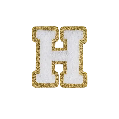 2.5" - Chenille Letterman "H" Patch - White Chenille Thread/Gold Glitter Felt - Heat Applied Backing