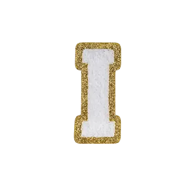 2.5" - Chenille Letterman "I" Patch - White Chenille Thread/Gold Glitter Felt - Heat Applied Backing