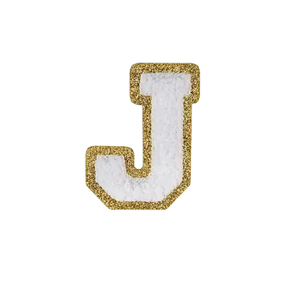 2.5" - Chenille Letterman "J" Patch - White Chenille Thread/Gold Glitter Felt - Heat Applied Backing