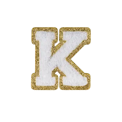 2.5" - Chenille Letterman "K" Patch - White Chenille Thread/Gold Glitter Felt - Heat Applied Backing