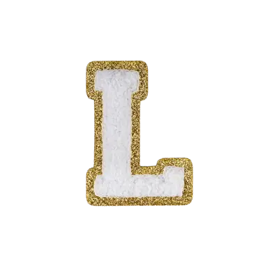 2.5" - Chenille Letterman "L" Patch - White Chenille Thread/Gold Glitter Felt - Peel & Stick Backing