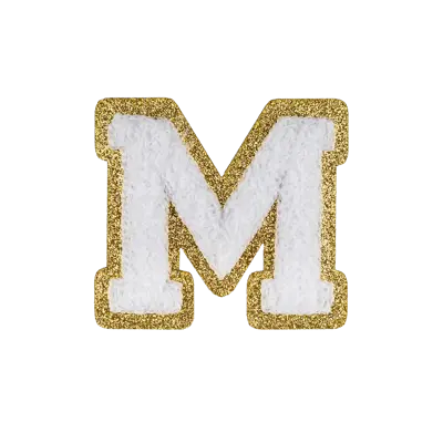 2.5" - Chenille Letterman "M" Patch - White Chenille Thread/Gold Glitter Felt - Peel & Stick Backing