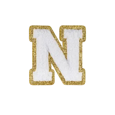 2.5" - Chenille Letterman "N" Patch - White Chenille Thread/Gold Glitter Felt - Peel & Stick Backing