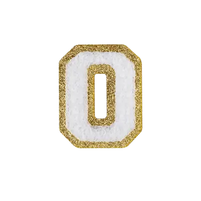 Pack of 25 - 2.5" - Chenille Letterman "O" Patch - White Chenille Thread/Gold Glitter Felt - Heat Applied Backing