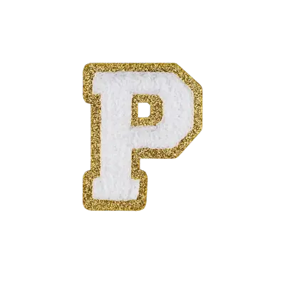 Pack of 25 - 2.5" - Chenille Letterman "P" Patch - White Chenille Thread/Gold Glitter Felt - Heat Applied Backing