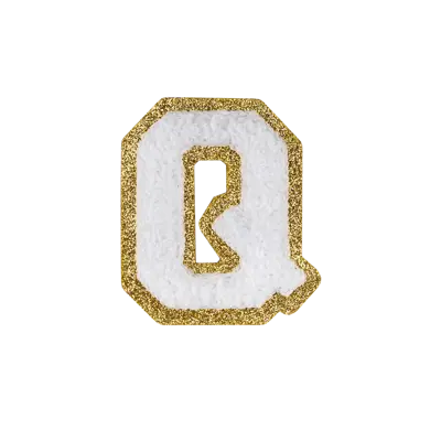 Pack of 25 - 2.5" - Chenille Letterman "Q" Patch - White Chenille Thread/Gold Glitter Felt - Heat Applied Backing