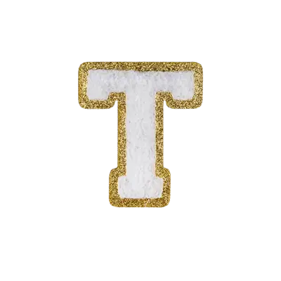 Pack of 25 - 2.5" - Chenille Letterman "T" Patch - White Chenille Thread/Gold Glitter Felt - Heat Applied Backing