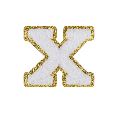 Pack of 25 - 2.5" - Chenille Letterman "X" Patch - White Chenille Thread/Gold Glitter Felt - Peel & Stick Backing
