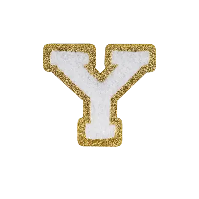 Pack of 25 - 2.5" - Chenille Letterman "Y" Patch - White Chenille Thread/Gold Glitter Felt - Heat Applied Backing