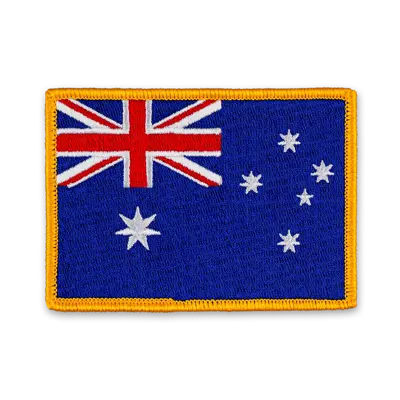 Pack of 25 - 3.5" x 2.5" - Official Australia Flag Patch - Merrow Gold Border - Heat Applied Backing