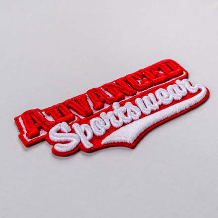 3D Embroidered Advanced Sporstwear patch laid at a hard angle
